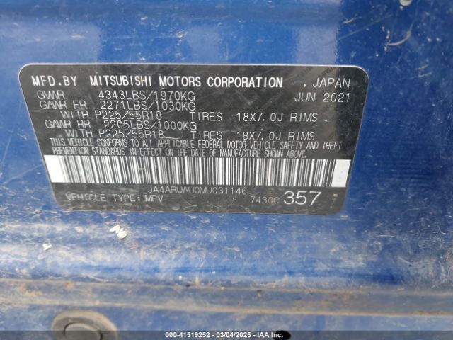 JA4ARUAU0MU031146 Mitsubishi Outlander Sport 2.0 Be Awc/2.0 Es Awc/2.0 Le Awc/2.0 Se Awc