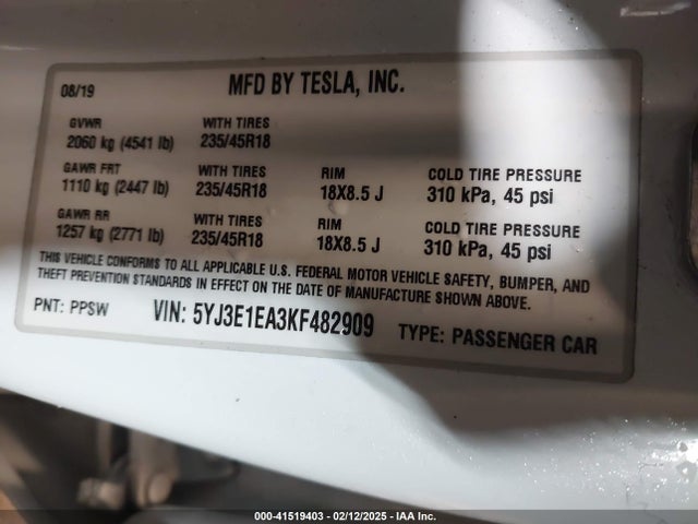 2019 TESLA MODEL 3 5YJ3E1EA3KF482909 Photo 8