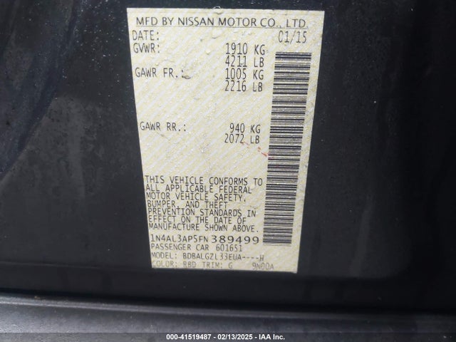 Nissan Altima 2.5 S 2015 1N4AL3AP5FN389499 Image 9