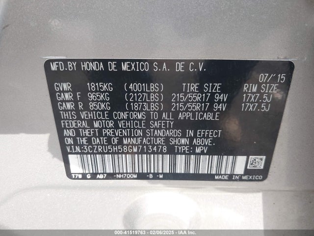 3CZRU5H58GM713478 Honda HR-V EX