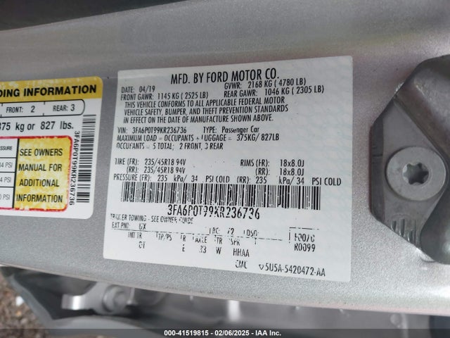 Ford FUSION SE 2019 3FA6P0T99KR236736 Image 9