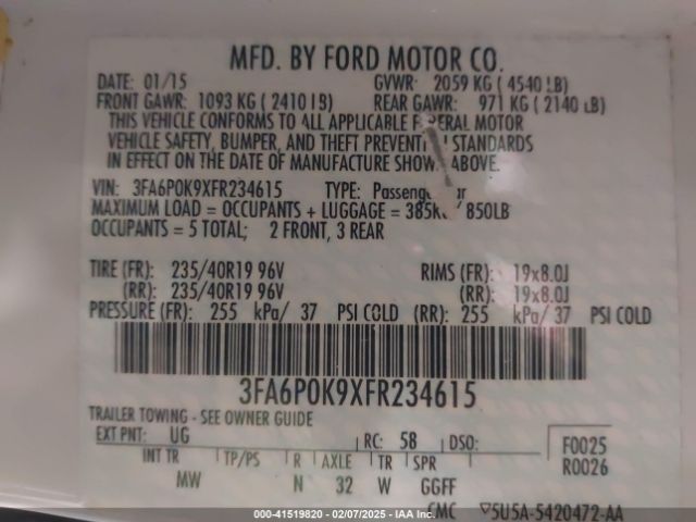 3FA6P0K9XFR234615 Ford Fusion Titanium