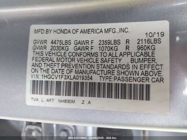 1HGCV1F3XLA019354 Honda Accord Sport
