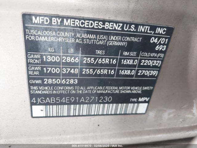 2001 MERCEDES-BENZ ML 320 4JGAB54E91A271230 Photo 8
