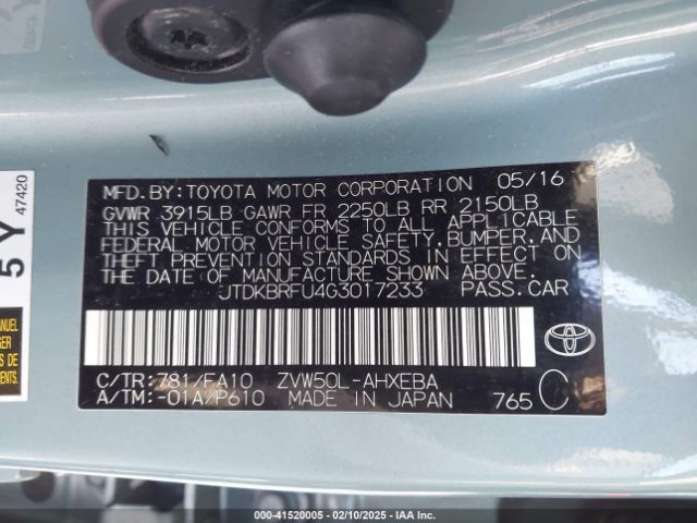 JTDKBRFU4G3017233 Toyota Prius Two