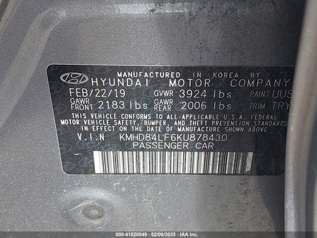 KMHD84LF6KU878430 Hyundai ELANTRA SEL