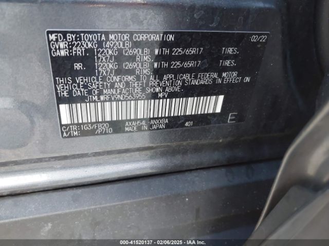 JTMLWRFV9ND563955 Toyota Rav4 Hybrid Le