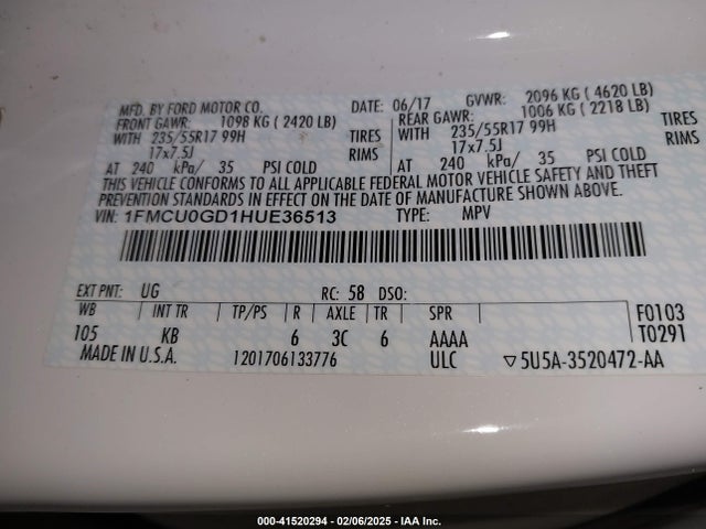 1FMCU0GD1HUE36513 Ford ESCAPE SE