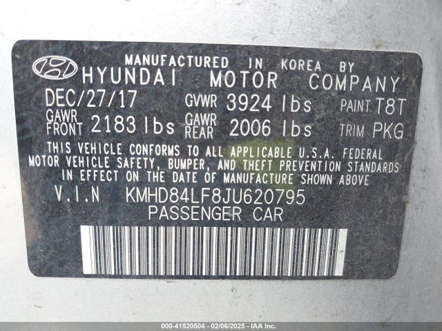 KMHD84LF8JU620795 Hyundai ELANTRA SEL