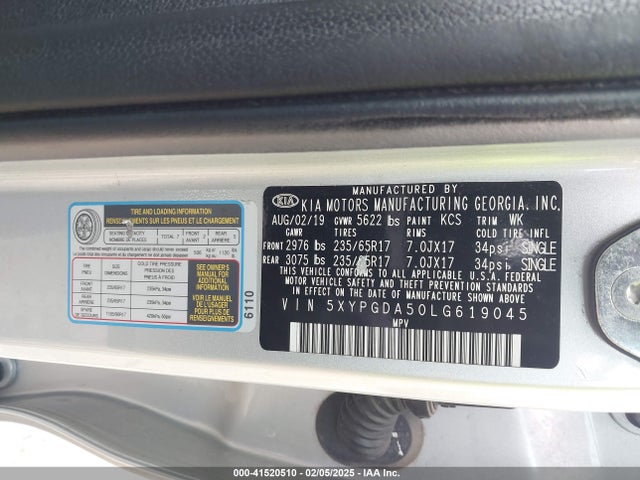 5XYPGDA50LG619045 KIA Sorento 3.3l Lx