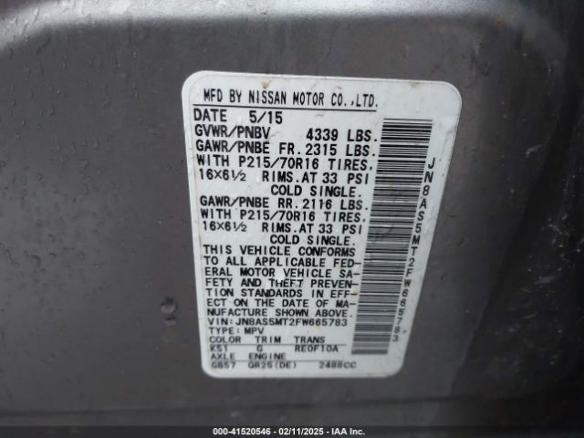 JN8AS5MT2FW665783 Nissan Rogue Select S