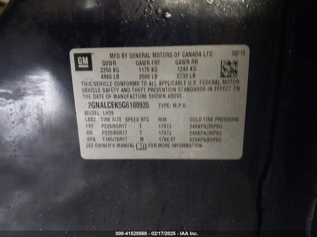 2GNALCEK5G6100935 Chevrolet EQUINOX LT