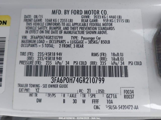 Ford FUSION SE 2016 3FA6P0H74GR210799 Image 9