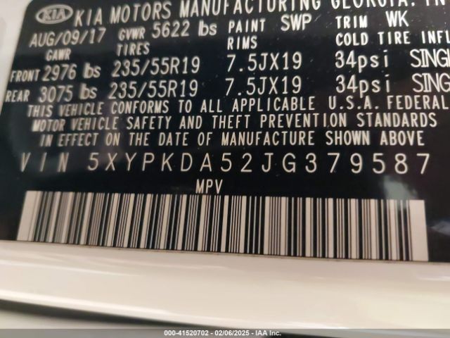 5XYPKDA52JG379587 KIA Sorento 3.3l Sxl