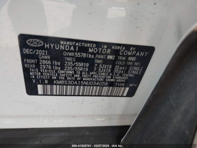 KM8S3DA15NU034056 Hyundai Santa Fe Hybrid Sel Premium