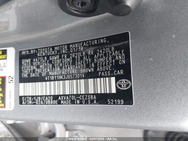 Toyota CAMRY SE 2018 4T1B11HK3JU573014 Image 9