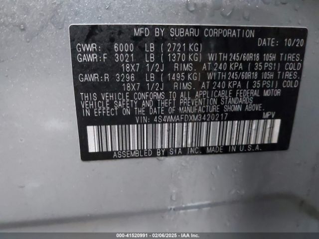 4S4WMAFDXM3420217 Subaru Ascent Premium