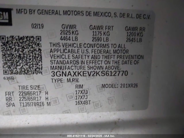 3GNAXKEV2KS612770 Chevrolet EQUINOX LT