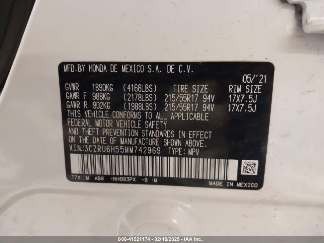 3CZRU6H55MM742969 Honda Hr-v Awd Ex