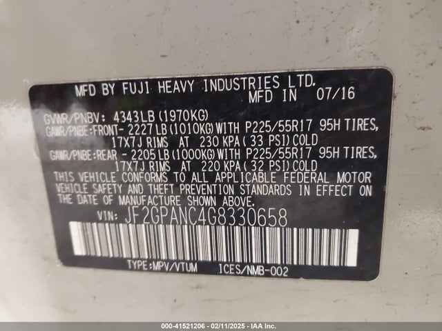 41521206 :رقم المزاد ، JF2GPANC4G8330658 vin ، 2016 Subaru Crosstrek 2.0i Limited مزاد بيع
