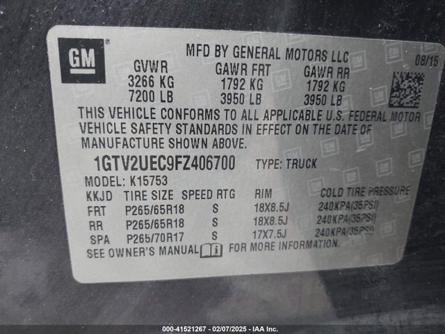 1GTV2UEC9FZ406700 GMC Sierra 1500 Sle