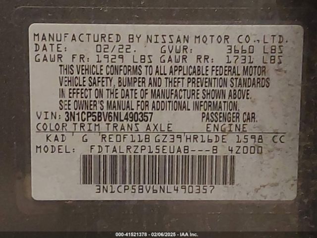 3N1CP5BV6NL490357 Nissan Kicks S Xtronic Cvt