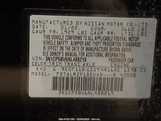 3N1CP5BV6NL488219 Nissan Kicks S Xtronic Cvt