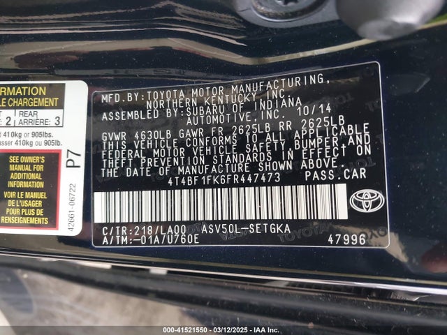 Toyota CAMRY XLE 2015 4T4BF1FK6FR447473 Image 9