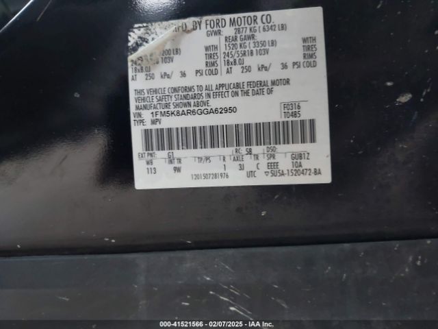 1FM5K8AR6GGA62950 Ford Police Interceptor