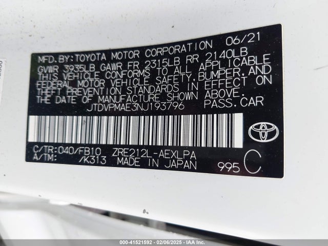 JTDVPMAE3NJ193796 Toyota COROLLA LE