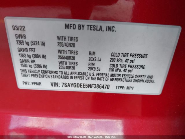 7SAYGDEE5NF386470 Tesla Model Y Long Range Dual Motor All-wheel Drive
