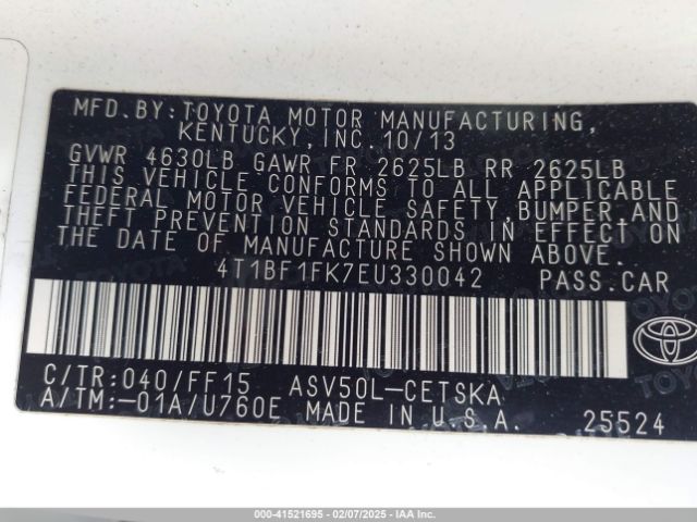 4T1BF1FK7EU330042 Toyota CAMRY SE