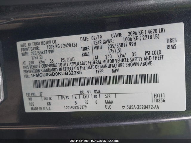 Ford ESCAPE SE 2019 1FMCU0GD0KUB32385 Image 9