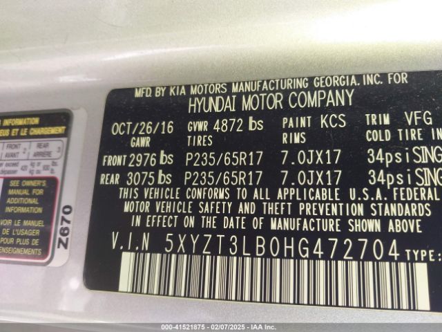 5XYZT3LB0HG472704 Hyundai Santa Fe Sport 2.4l