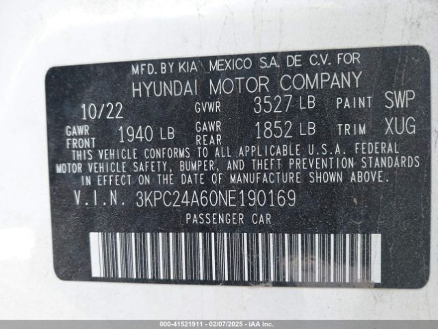 3KPC24A60NE190169 Hyundai Accent Sel