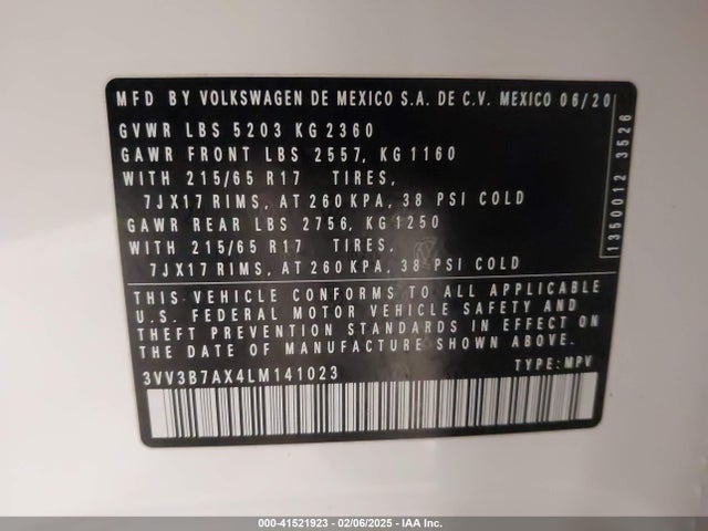 3VV3B7AX4LM141023 Volkswagen Tiguan 2.0t Se/2.0t Se R-line Black/2.0t Sel
