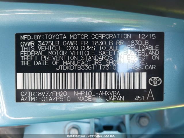 JTDKDTB33G1117310 Toyota Prius C One
