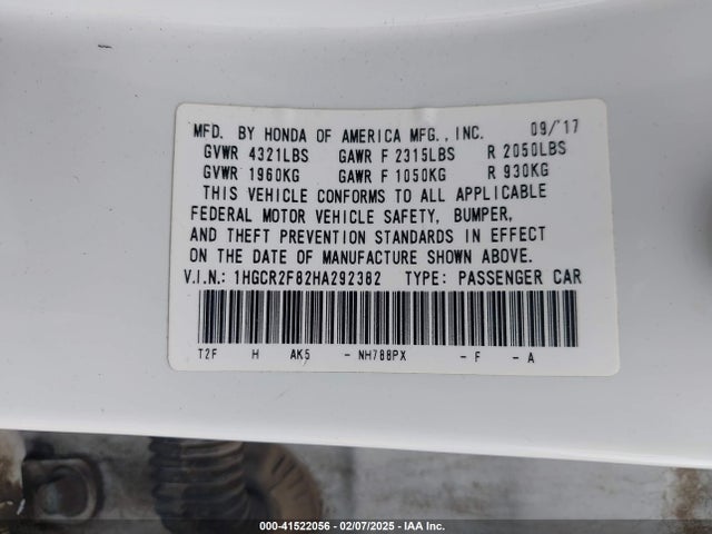 1HGCR2F82HA292382 Honda Accord Ex-l