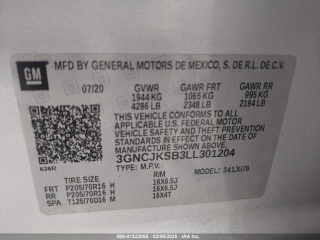 3GNCJKSB3LL301204 Chevrolet Trax Fwd Ls