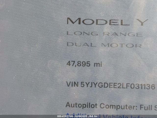 5YJYGDEE2LF031136 Tesla Model Y Long Range Dual Motor All-wheel Drive