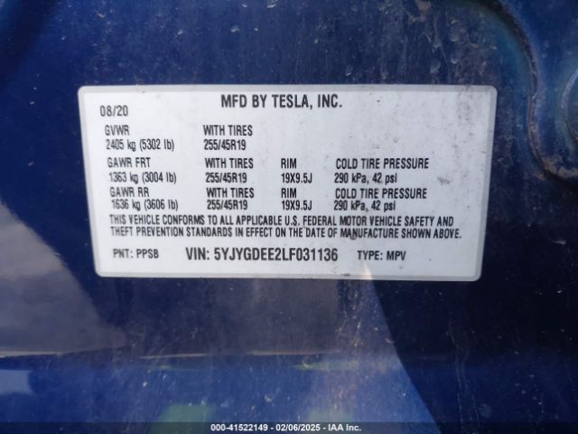 5YJYGDEE2LF031136 Tesla Model Y Long Range Dual Motor All-wheel Drive