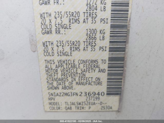 5N1AZ2MG3FN236940 Nissan Murano Platinum