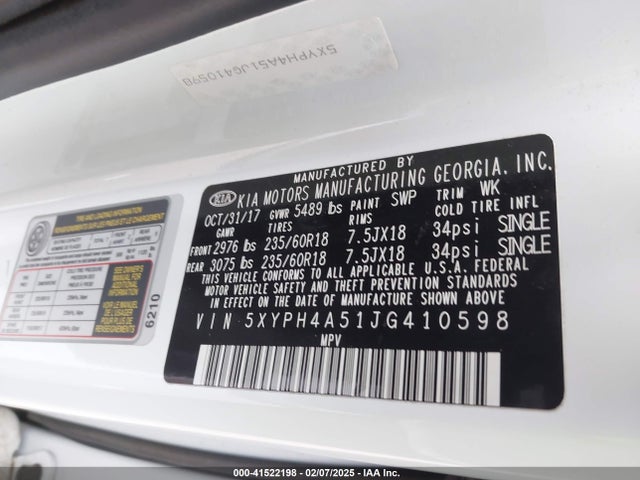 5XYPH4A51JG410598 KIA Sorento 3.3l Ex
