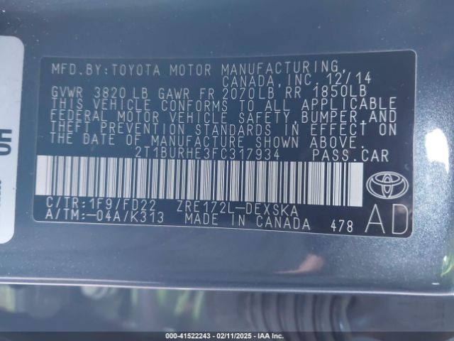 2T1BURHE3FC317934 Toyota Corolla S Plus