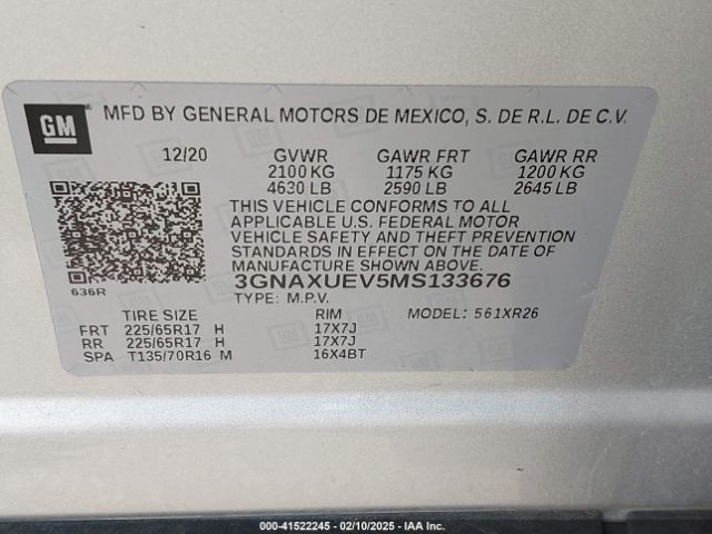 2021 CHEVROLET EQUINOX 3GNAXUEV5MS133676 Photo 8