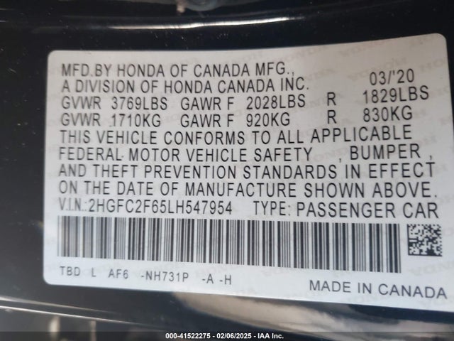 Honda Civic Lx 2020 2HGFC2F65LH547954 Image 9