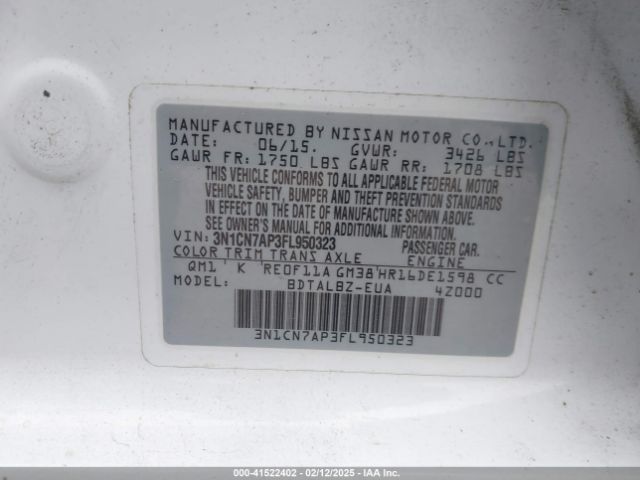3N1CN7AP3FL950323 Nissan Versa 1.6 Sv