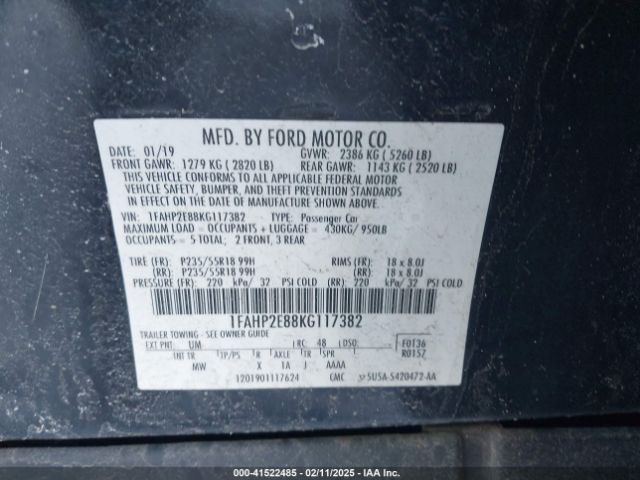 1FAHP2E88KG117382 Ford TAURUS SEL