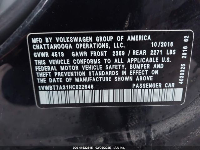 1VWBT7A31HC022646 Volkswagen Passat 1.8t Se