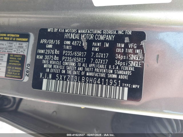 5XYZT3LB9HG411951 Hyundai Santa Fe Sport 2.4l